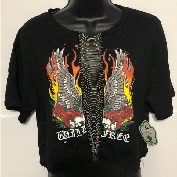 Black‎ eagle burning flames red roses slinky metal mesh front crop tshirt size L - Picture 11 of 13